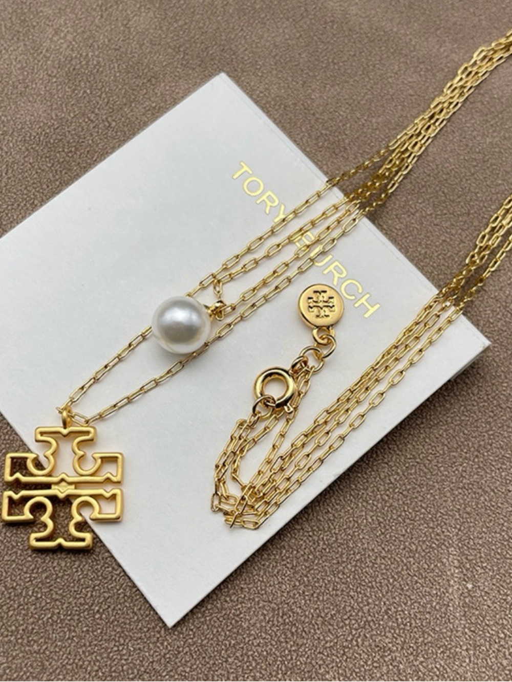Tory Burch Gold Logo Pendant Necklace with Pearl Accent